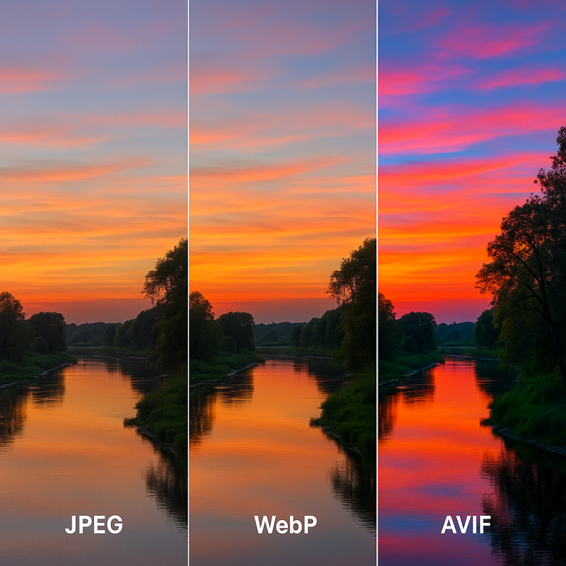 A high-quality photo split into three sections showing the same scene rendered in JPEG (with artifacts), WebP (clean), and AVIF (vibrant HDR colors), demonstrating visual quality differences.