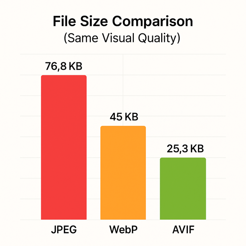Bar chart comparing file sizes: JPEG 76.8 KB, WebP 45 KB, AVIF 25.3 KB.