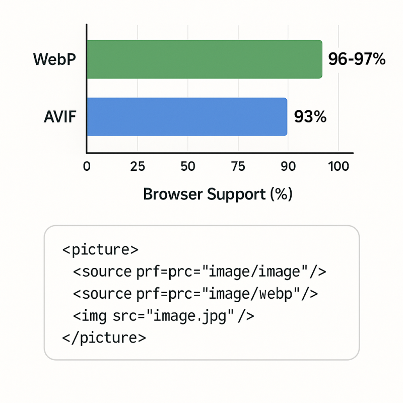 Bar chart showing browser support percentages for AVIF (93%) and WebP (96-97%) as of 2024-2026, with a note about fallback to JPEG for legacy browsers.