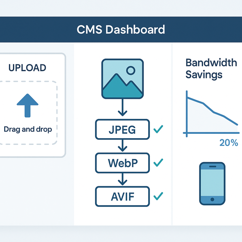 Illustration showing a CMS dashboard with an image upload interface that automatically converts to AVIF and WebP, with a graph showing bandwidth savings.