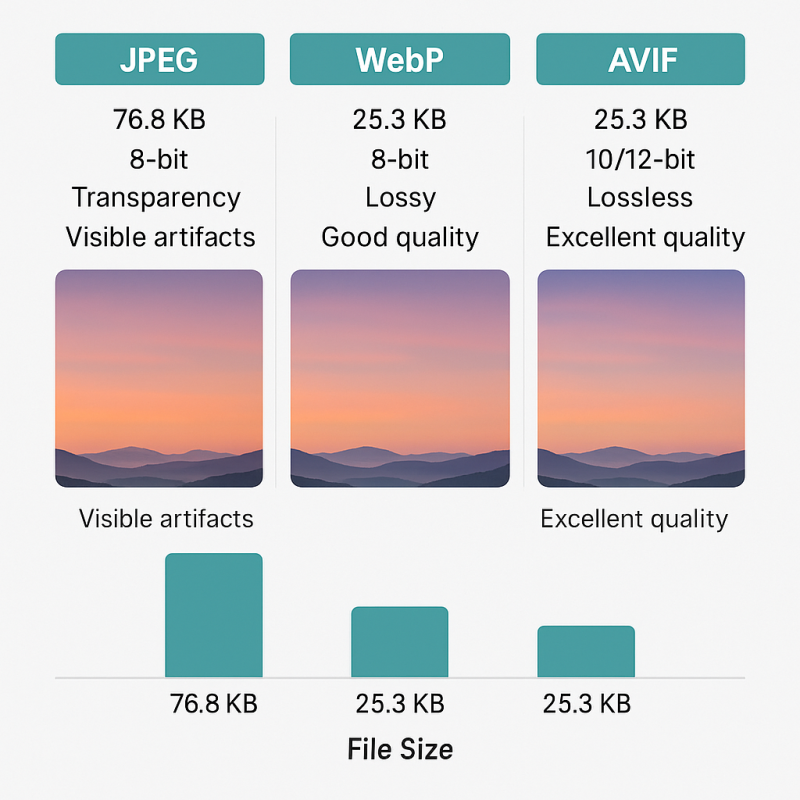 Side-by-side comparison diagram of JPEG, WebP, and AVIF showing file sizes, color depth, transparency support, and compression quality for a sample photo.